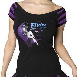 Elvira Glitter Moon Black Purple Stripe Off Shoulder Top Tee S-M-L-XL-2XL-3XL